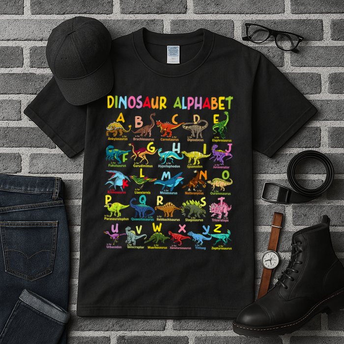 Types Of Dinosaurs Alphabet A Z Abc Dino Identification Tall T-Shirt