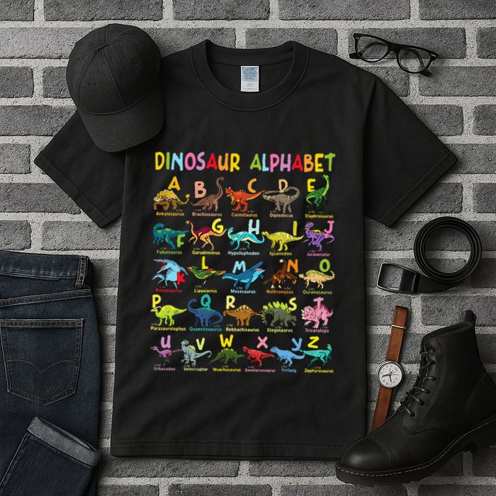 Types Of Dinosaurs Alphabet AZ ABC Dino Identification Fun Tall T-Shirt