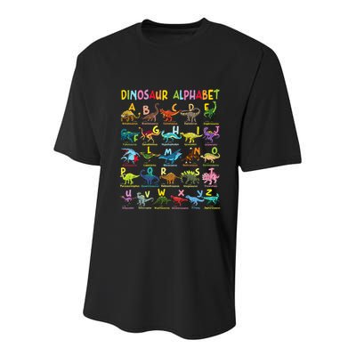 Types Of Dinosaurs Alphabet AZ ABC Dino Identification Fun Youth Performance Sprint T-Shirt