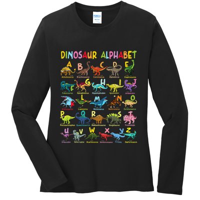 Types Of Dinosaurs Alphabet AZ ABC Dino Identification Fun Ladies Long Sleeve Shirt