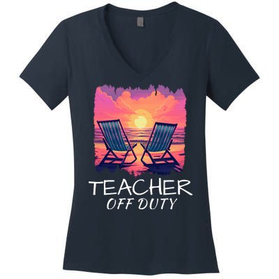 Teacher Off Duty, Last Day Of School, Funny Teacher Summer, Beach Sunset Life Women's V-Neck T-Shirt