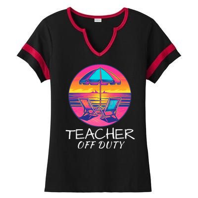 Teacher Off Duty, Last Day Of School, Funny Teacher Summer, Beach Deck Sunset Ladies Halftime Notch Neck Tee