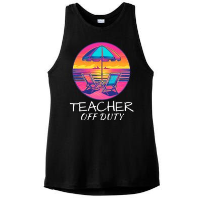 Teacher Off Duty, Last Day Of School, Funny Teacher Summer, Beach Deck Sunset Ladies PosiCharge Tri-Blend Wicking Tank