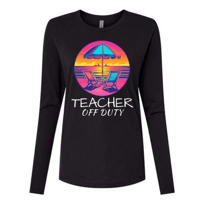 Teacher Off Duty, Last Day Of School, Funny Teacher Summer, Beach Deck Sunset Womens Cotton Relaxed Long Sleeve T-Shirt