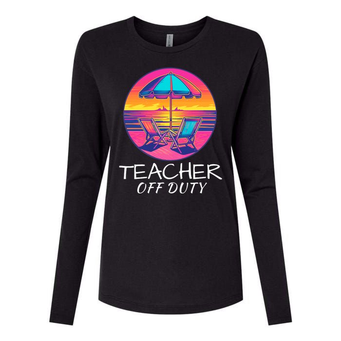 Teacher Off Duty, Last Day Of School, Funny Teacher Summer, Beach Deck Sunset Womens Cotton Relaxed Long Sleeve T-Shirt