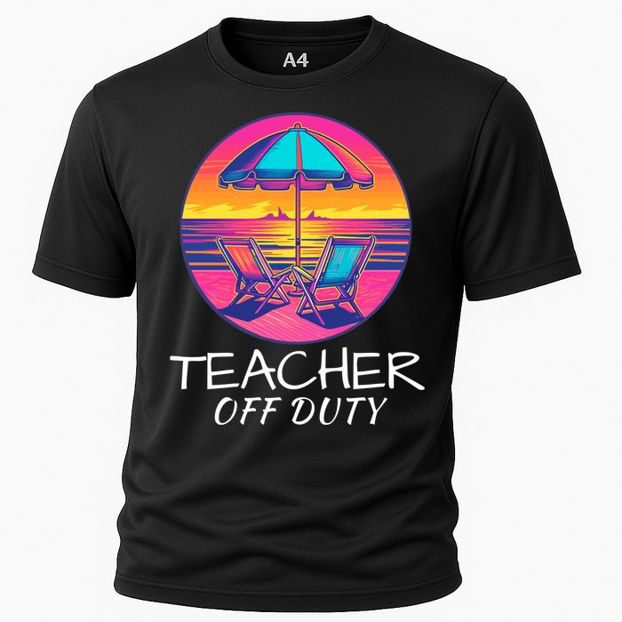 Teacher Off Duty, Last Day Of School, Funny Teacher Summer, Beach Deck Sunset Cooling Performance Crew T-Shirt