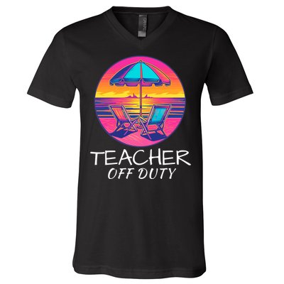 Teacher Off Duty, Last Day Of School, Funny Teacher Summer, Beach Deck Sunset V-Neck T-Shirt