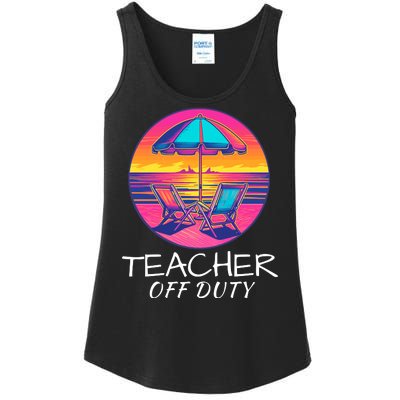 Teacher Off Duty, Last Day Of School, Funny Teacher Summer, Beach Deck Sunset Ladies Essential Tank