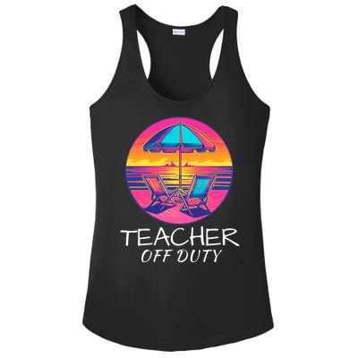 Teacher Off Duty, Last Day Of School, Funny Teacher Summer, Beach Deck Sunset Ladies PosiCharge Competitor Racerback Tank