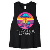 Teacher Off Duty, Last Day Of School, Funny Teacher Summer, Beach Deck Sunset Women's Racerback Cropped Tank