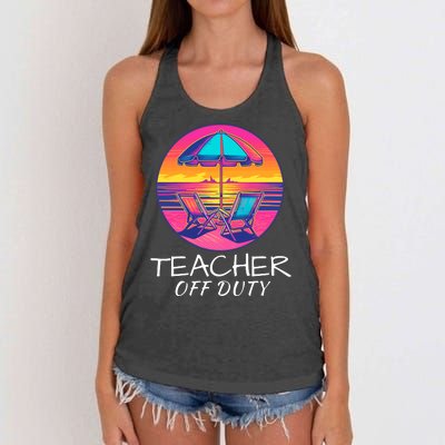 Teacher Off Duty, Last Day Of School, Funny Teacher Summer, Beach Deck Sunset Women's Knotted Racerback Tank