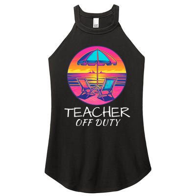 Teacher Off Duty, Last Day Of School, Funny Teacher Summer, Beach Deck Sunset Women's Perfect Tri Rocker Tank