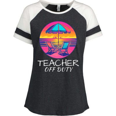 Teacher Off Duty, Last Day Of School, Funny Teacher Summer, Beach Deck Sunset Enza Ladies Jersey Colorblock Tee