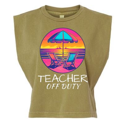 Teacher Off Duty, Last Day Of School, Funny Teacher Summer, Beach Deck Sunset Garment-Dyed Women's Muscle Tee