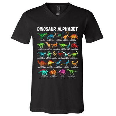 Types Of Dinosaurs Alphabet AZ ABC Dino Identification V-Neck T-Shirt
