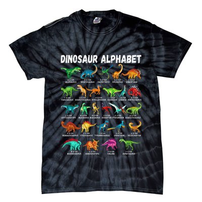 Types Of Dinosaurs Alphabet AZ ABC Dino Identification Tie-Dye T-Shirt