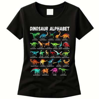 Types Of Dinosaurs Alphabet AZ ABC Dino Identification Womens T-Shirt