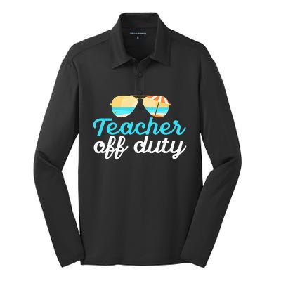 Teacher Off Duty Last Day Of School Tropical Vacation Gift Silk Touch Performance Long Sleeve Polo