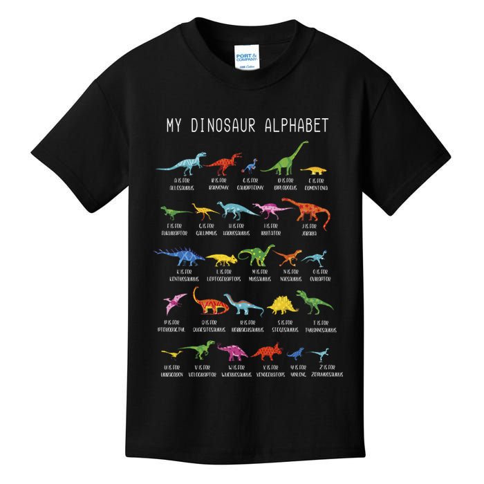 Types Of Dinosaurs Alphabet Dino Identification Kids T-Shirt