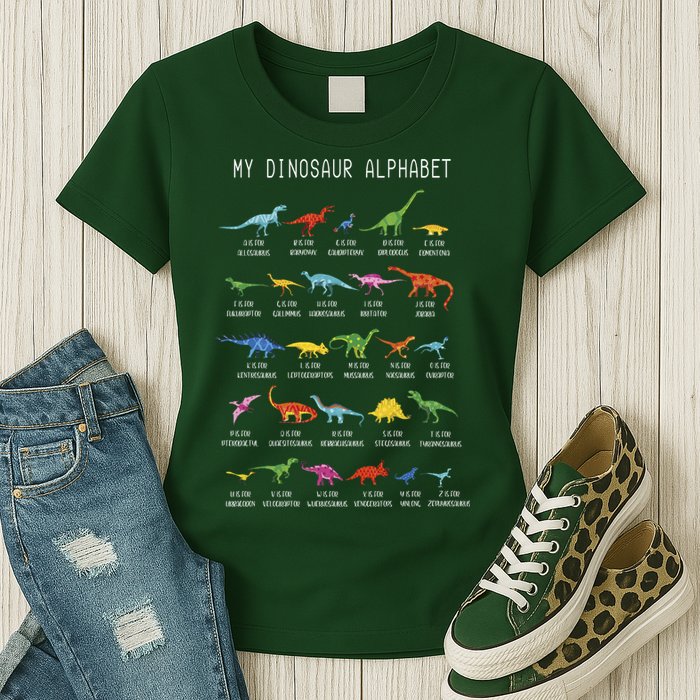 Types Of Dinosaurs Alphabet Dino Identification Womens T-Shirt