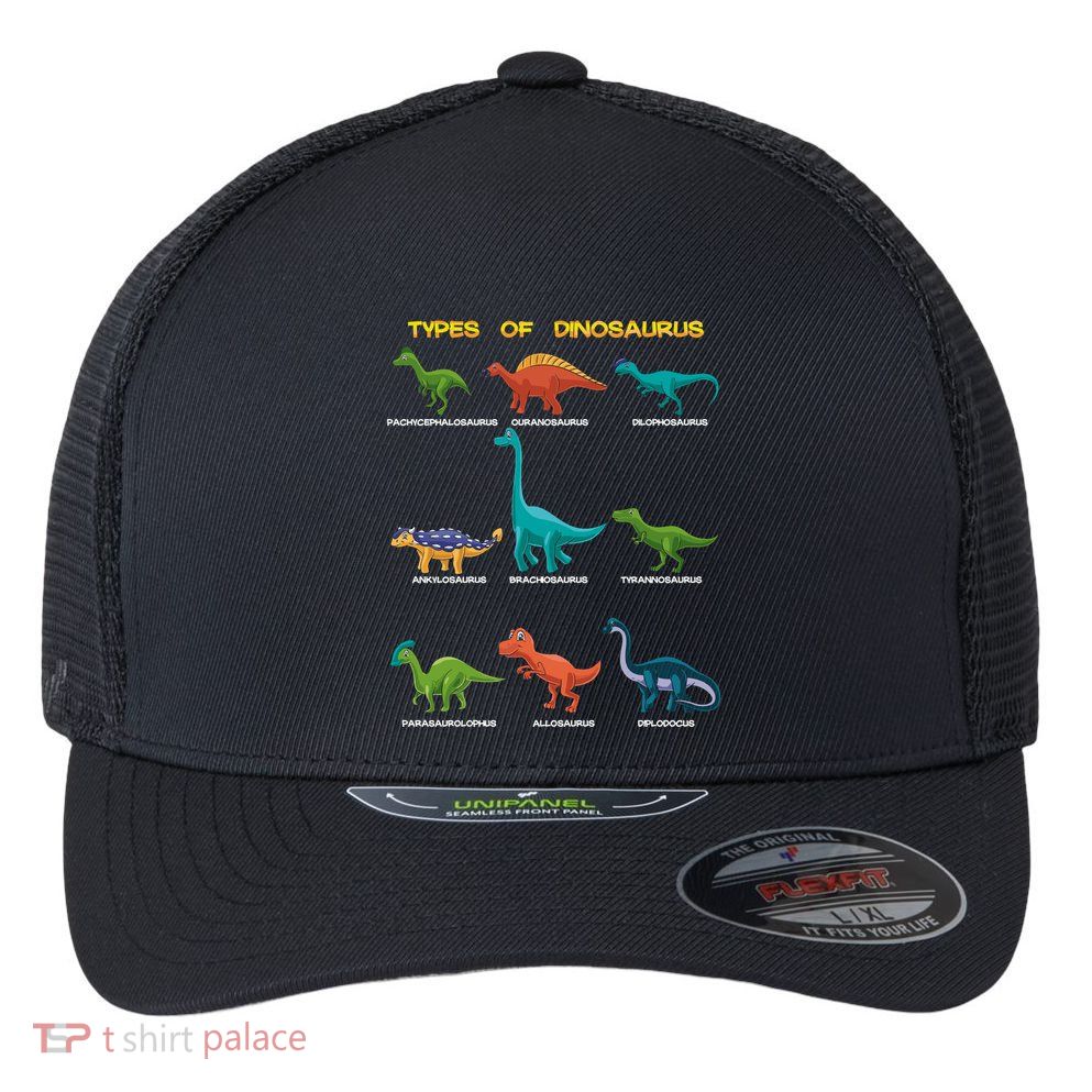 Types Of Dinosaur Dino And Kids Dino Pedia Great Gift Flexfit Unipanel Trucker Cap