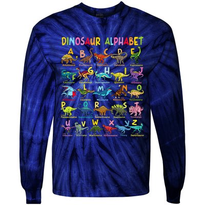 Types Of Dinosaurs Alphabet Az Abc Dino Identification Tie-Dye Long Sleeve Shirt