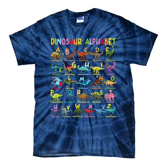 Types Of Dinosaurs Alphabet Az Abc Dino Identification Tie-Dye T-Shirt