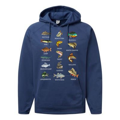 Types Of Freshwater Fish Species Fishing Fisherman Anglers Performance Fleece Hoodie