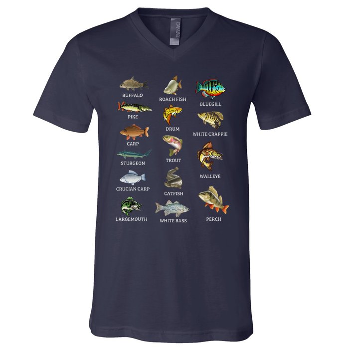 Types Of Freshwater Fish Species Fishing Fisherman Anglers V-Neck T-Shirt