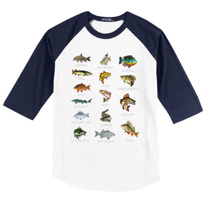 Types Of Freshwater Fish Species Fishing Fisherman Anglers Baseball Sleeve Shirt