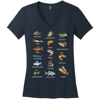 Types Of Freshwater Fish Species Fishing Fisherman Anglers Women's V-Neck T-Shirt