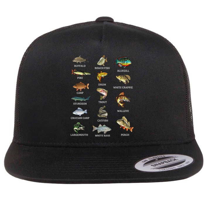 Types Of Freshwater Fish Species Fishing Fisherman Anglers Flat Bill Trucker Hat