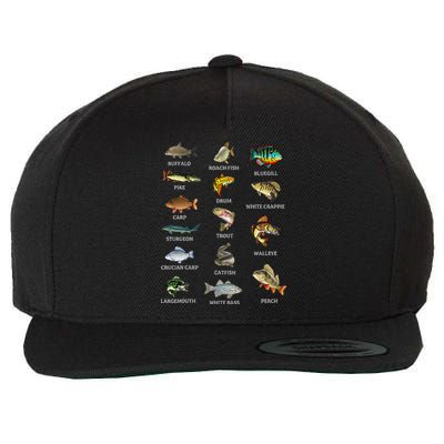 Types Of Freshwater Fish Species Fishing Fisherman Anglers Wool Snapback Cap