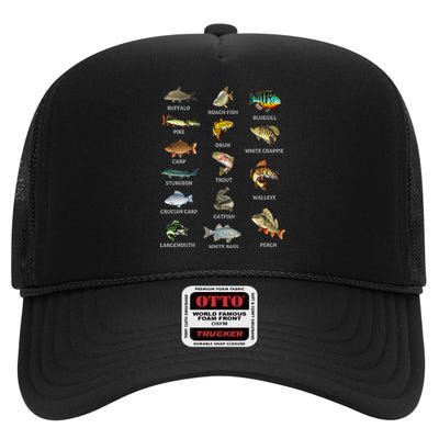 Types Of Freshwater Fish Species Fishing Fisherman Anglers High Crown Mesh Back Trucker Hat