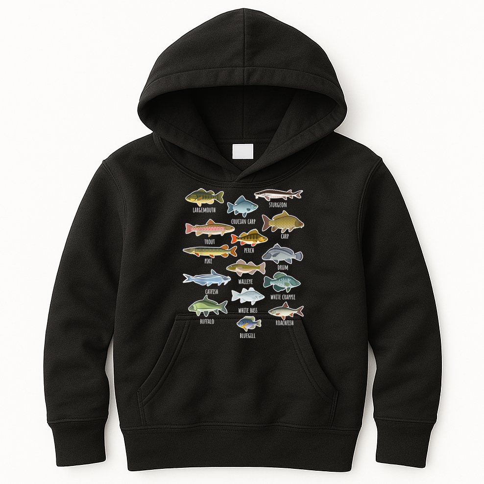 Types Of Freshwater Fish Species Fishing Shirt Fishing Merch New Fishing Costume Kids Hoodie