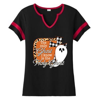 The Only Ghost I Know Is The Holy Ghost Halloween Christian Ladies Halftime Notch Neck Tee