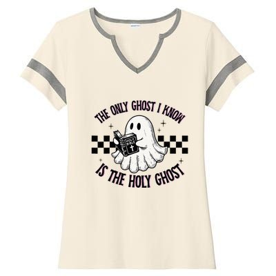 The Only Ghost I Know Is The Holy Ghost Funny Boo Bible Ladies Halftime Notch Neck Tee