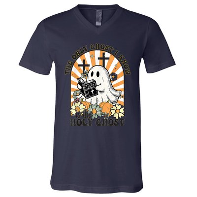 The Only Ghost I Know Is The Holy Ghost Funny Boo Bible V-Neck T-Shirt