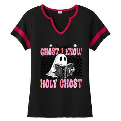 The Only Ghost I Know Is The Holy Ghost Funny Halloween Funny Gift Ladies Halftime Notch Neck Tee