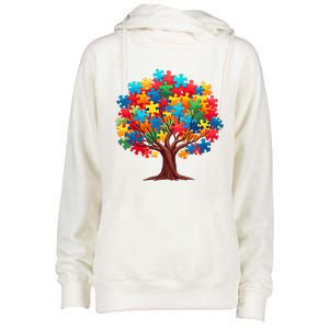 Tree Of Hope Autism Awareness Funny Support Puzzle Great Gift Womens Funnel Neck Pullover Hood