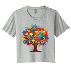 Tree Of Hope Autism Awareness Funny Support Puzzle Great Gift Women's Crop Top Tee