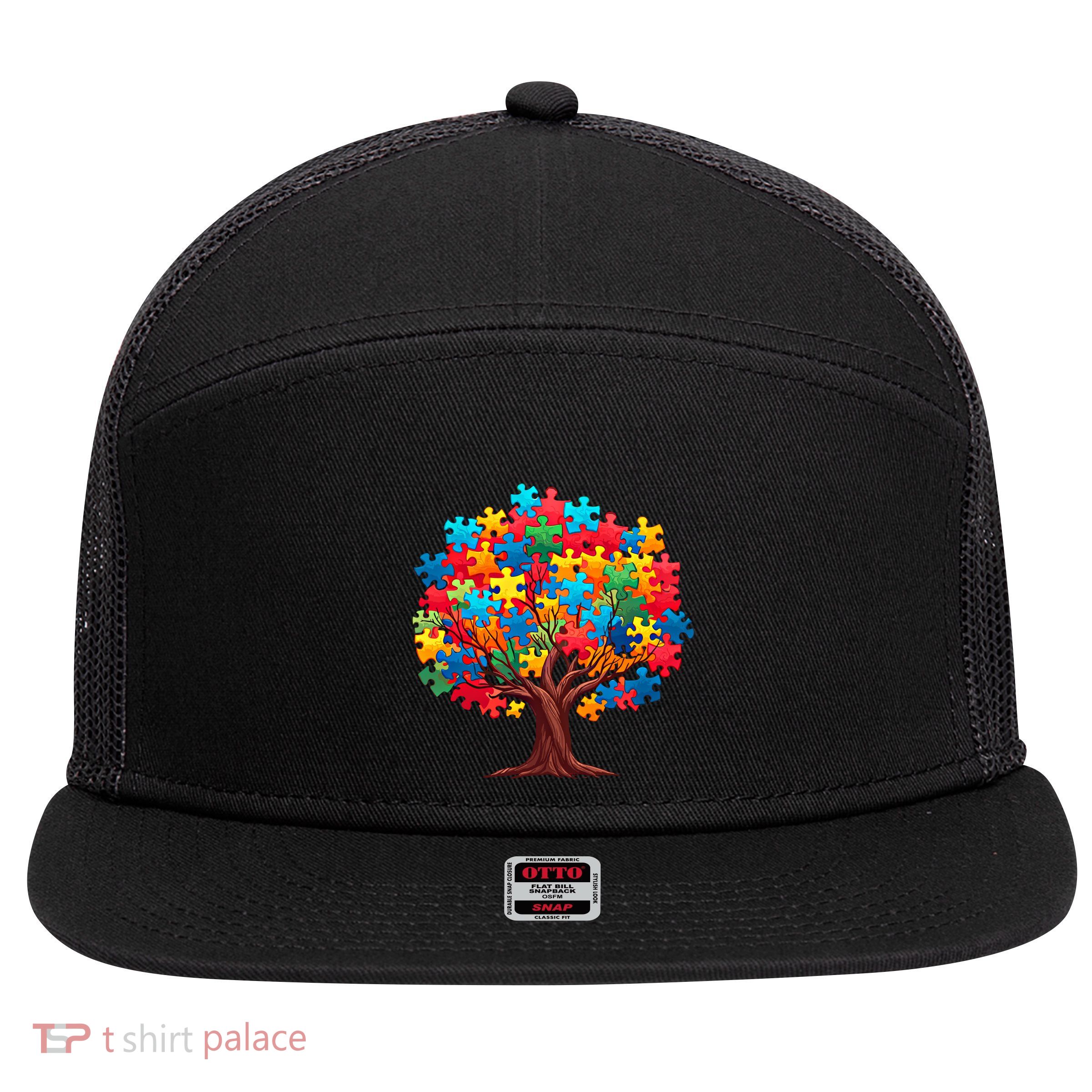 Tree Of Hope Autism Awareness Funny Support Puzzle Great Gift 7 Panel Mesh Trucker Snapback Hat