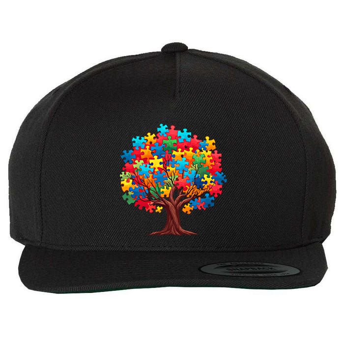 Tree Of Hope Autism Awareness Funny Support Puzzle Great Gift Wool Snapback Cap
