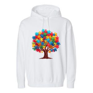 Tree Of Hope Autism Awareness Funny Support Puzzle Great Gift Garment-Dyed Fleece Hoodie