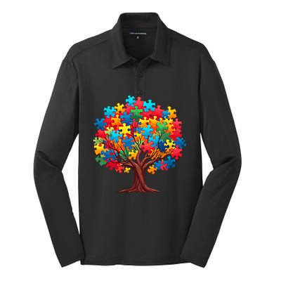 Tree Of Hope Autism Awareness Funny Support Puzzle Great Gift Silk Touch Performance Long Sleeve Polo