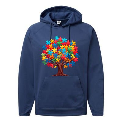 Tree Of Hope Autism Awareness Funny Support Puzzle Great Gift Performance Fleece Hoodie