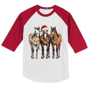 Trio Of Horses Christmas Horse Cowboy Xmas Western Country Kids Colorblock Raglan Jersey