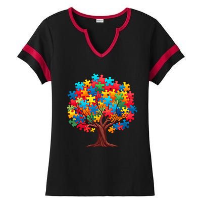 Tree Of Hope Autism Awareness Funny Support Puzzle Great Gift Ladies Halftime Notch Neck Tee