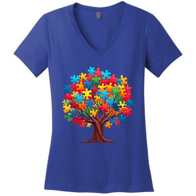 Tree Of Hope Autism Awareness Funny Support Puzzle Great Gift Women's V-Neck T-Shirt