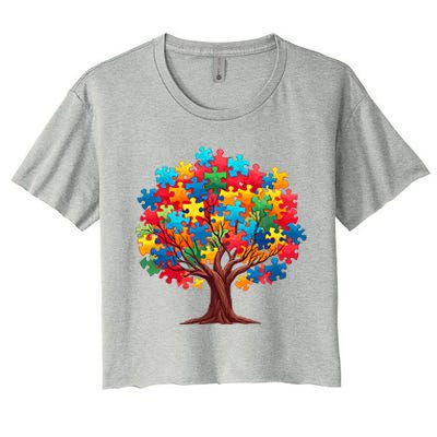 Tree Of Hope Autism Awareness Funny Support Puzzle Great Gift Women's Crop Top Tee